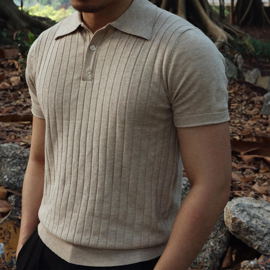 Men's Knit Ribbed Short Sleeve Polo Shirt