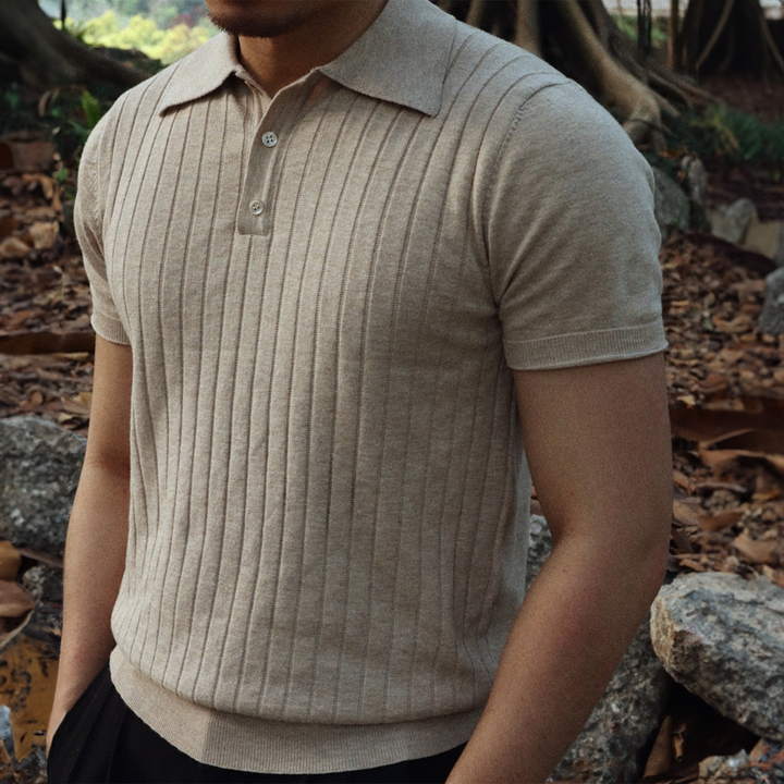 Men's Knit Ribbed Short Sleeve Polo Shirt