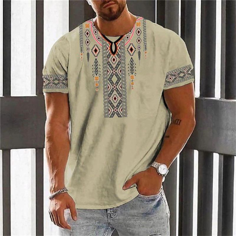 T-shirt homme à manches courtes en lin avec imprimé tribal, chemise décontractée