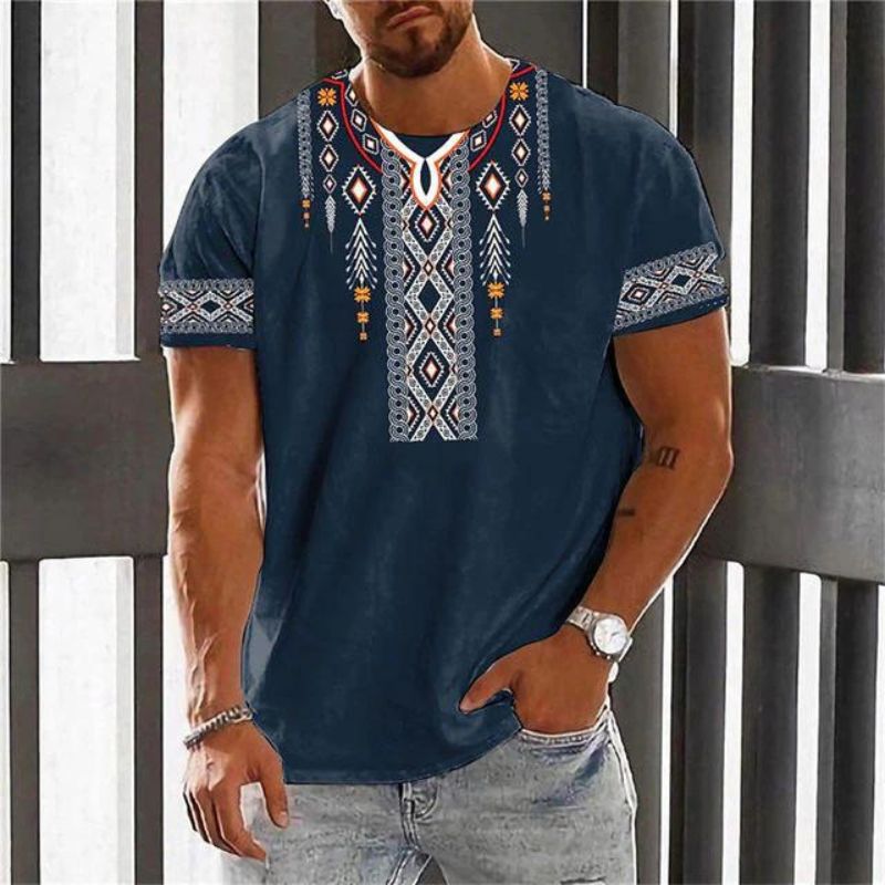 T-shirt homme à manches courtes en lin avec imprimé tribal, chemise décontractée
