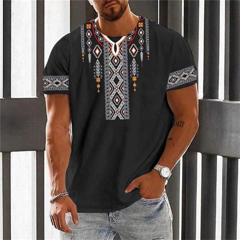 T-shirt homme à manches courtes en lin avec imprimé tribal, chemise décontractée