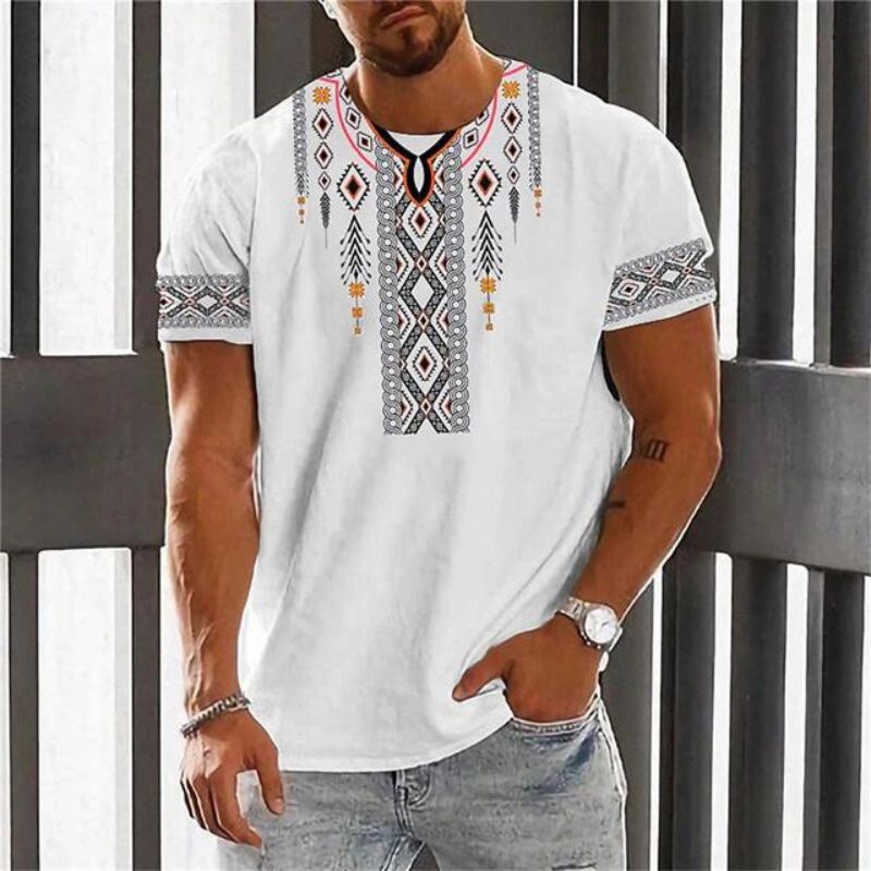 T-shirt homme à manches courtes en lin avec imprimé tribal, chemise décontractée