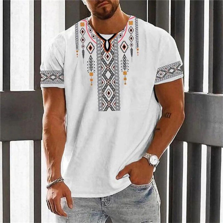 T-shirt homme à manches courtes en lin avec imprimé tribal, chemise décontractée