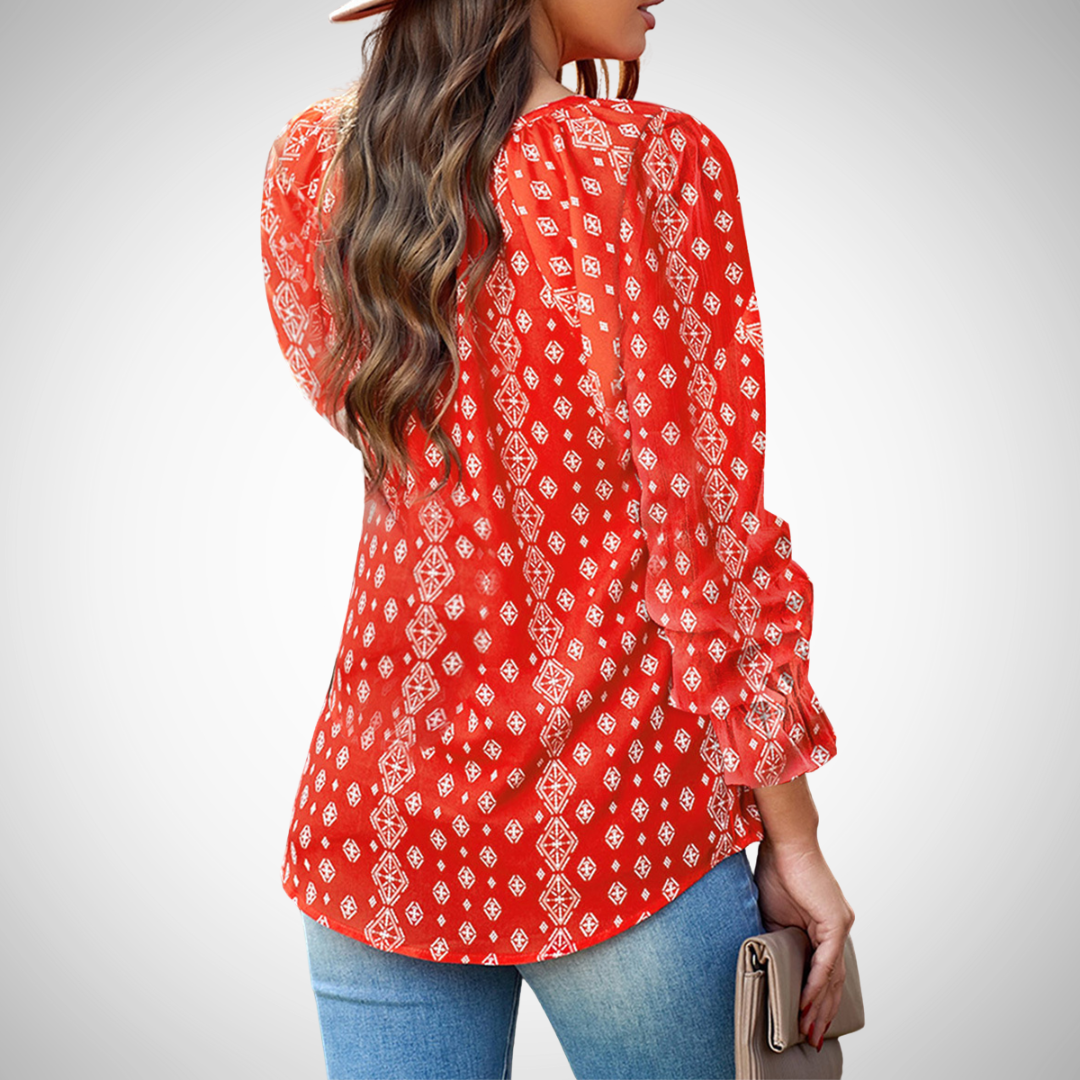 Cotton Blend Printed V-Neck Blouse Long Sleeve Top For Women