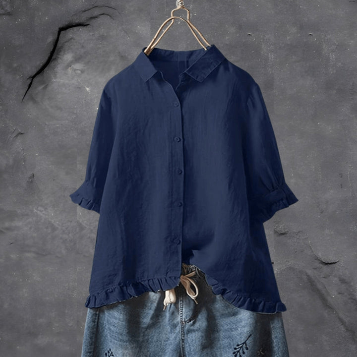 Women's Linen Blouse Ruffle Hem Short Sleeve Button Shirt Top