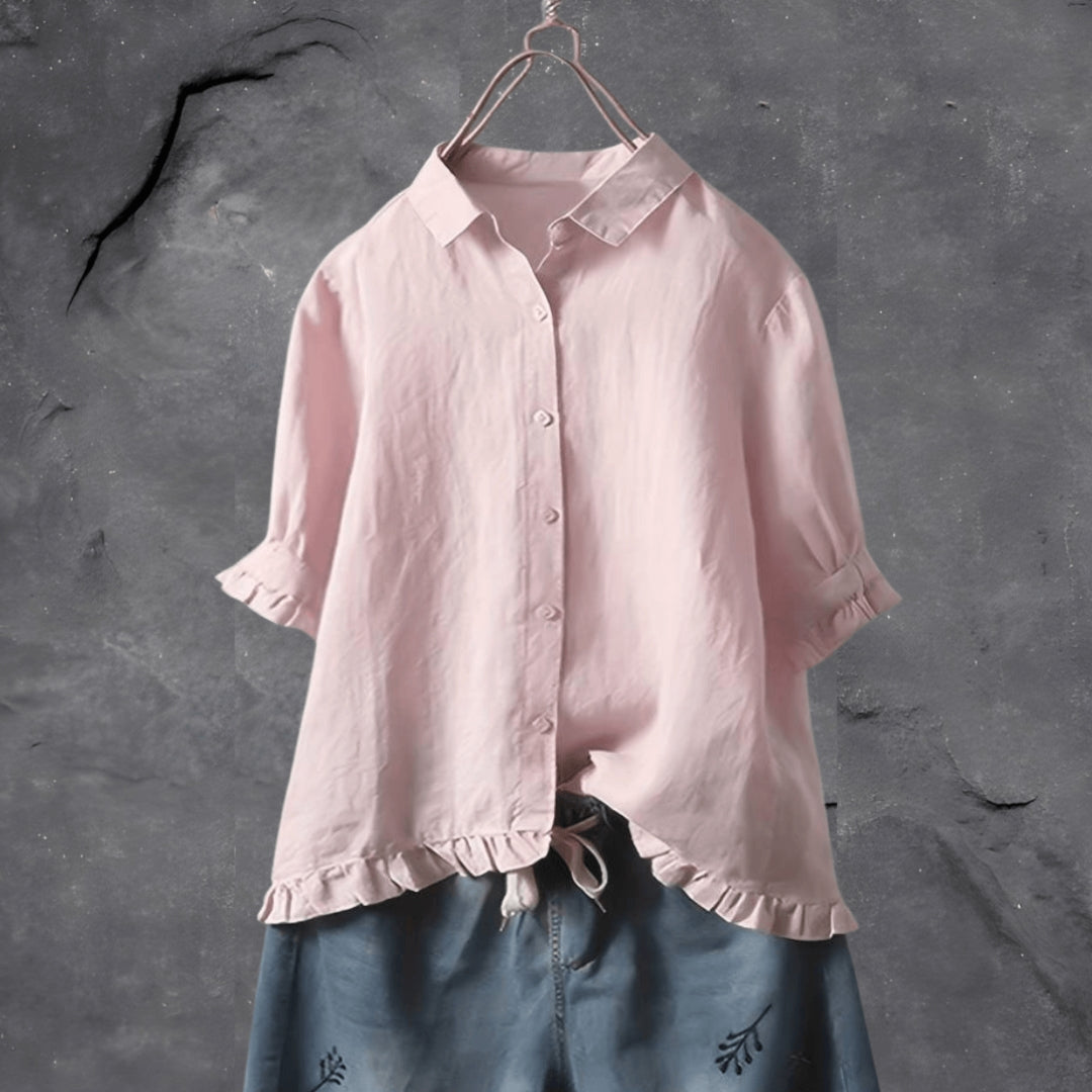 Women's Linen Blouse Ruffle Hem Short Sleeve Button Shirt Top