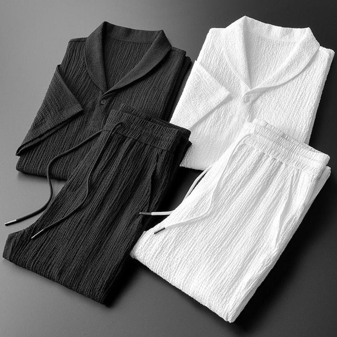 Men's Knit Shawl Collar Short Sleeve Shirt and Trousers Set
