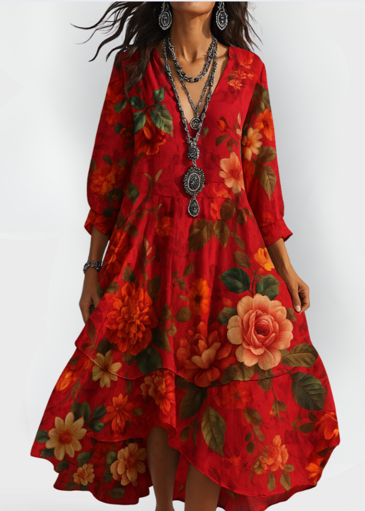 Women's Boho Floral V-Neck Linen Blend Long Sleeve Midi Dress