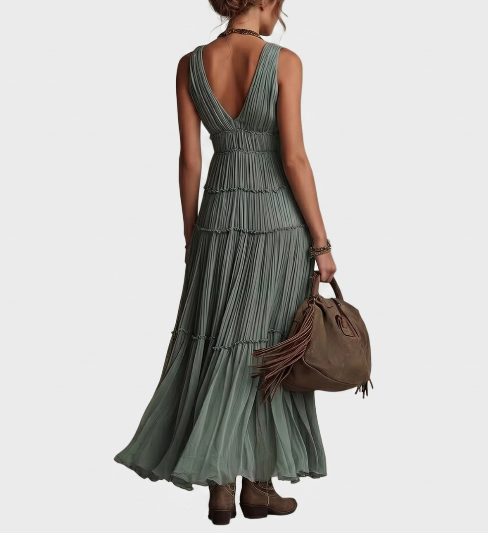 Women's Linen Maxi Dress Boho Tiered Sun Dress