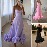 Women's Satin Spaghetti Strap Ruffle Hem Maxi Dress