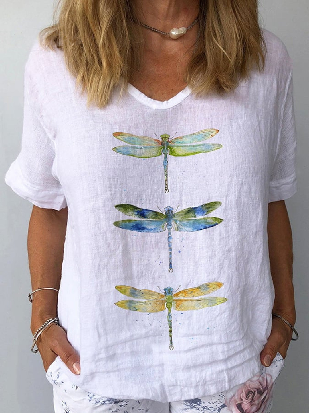 T-Shirt Women's Linen Dragonfly Print V-Neck Short Sleeve Tee