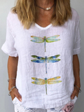 T-Shirt Women's Linen Dragonfly Print V-Neck Short Sleeve Tee