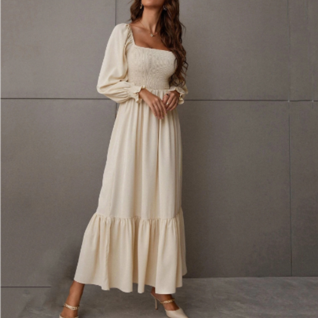 Women's Maxi Dress Long Sleeve Knit Smocked Tiered Square Neck A-Line