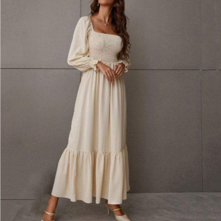 Women's Maxi Dress Long Sleeve Knit Smocked Tiered Square Neck A-Line