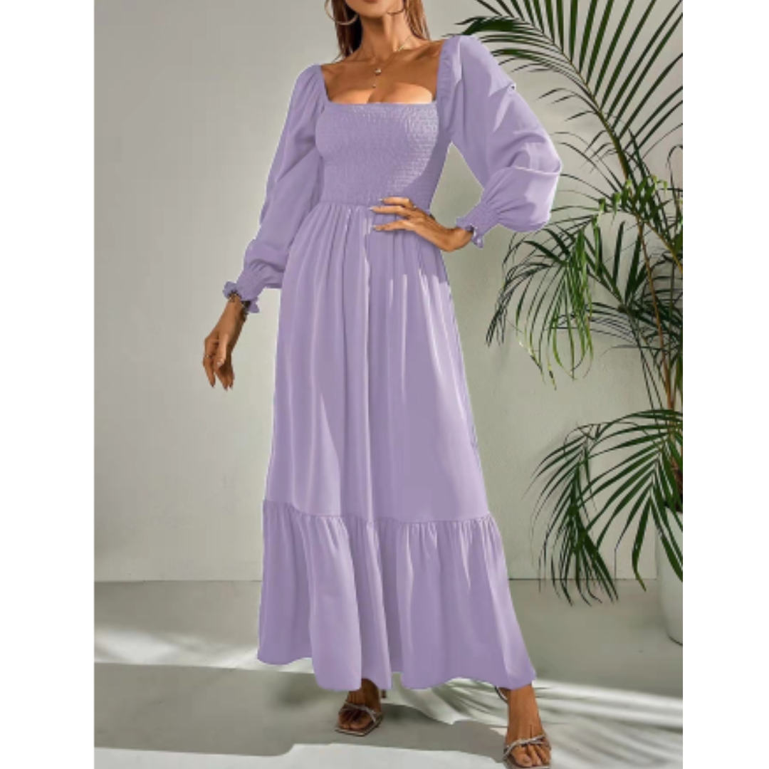 Women's Maxi Dress Long Sleeve Knit Smocked Tiered Square Neck A-Line
