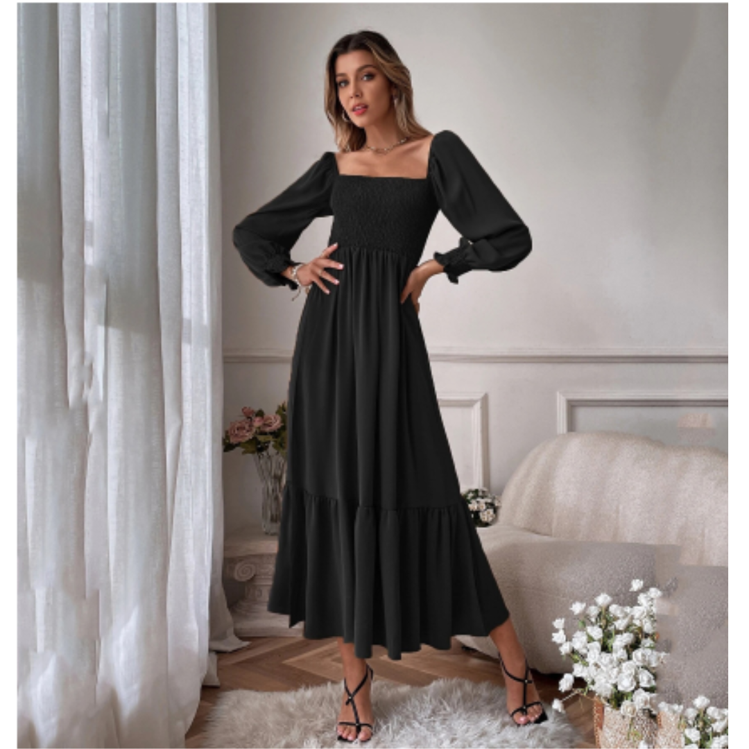 Women's Maxi Dress Long Sleeve Knit Smocked Tiered Square Neck A-Line