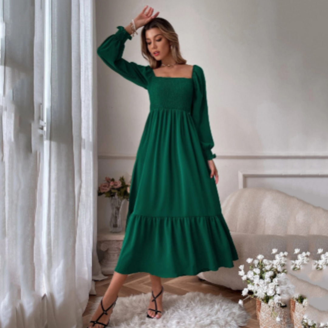 Women's Maxi Dress Long Sleeve Knit Smocked Tiered Square Neck A-Line