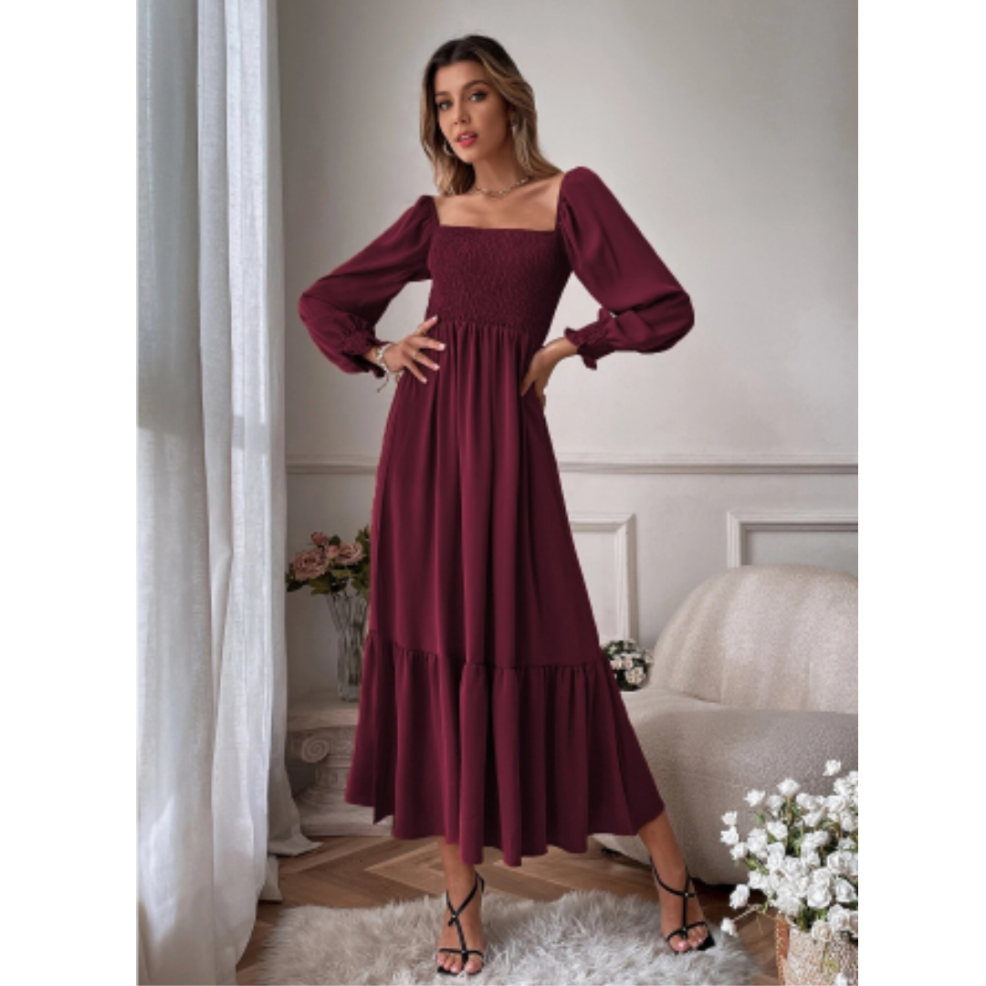 Women's Maxi Dress Long Sleeve Knit Smocked Tiered Square Neck A-Line
