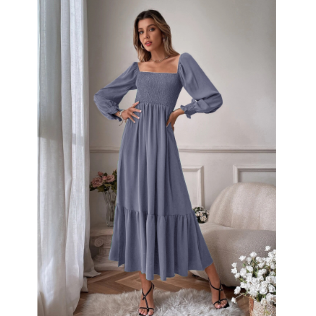 Women's Maxi Dress Long Sleeve Knit Smocked Tiered Square Neck A-Line