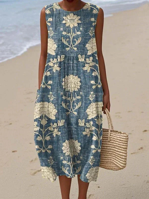 Women's Linen Floral Print Boho Loose Sleeveless Maxi Sundress