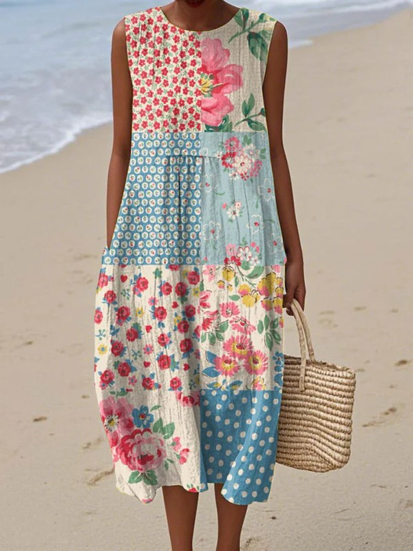 Women's Linen Floral Print Boho Loose Sleeveless Maxi Sundress