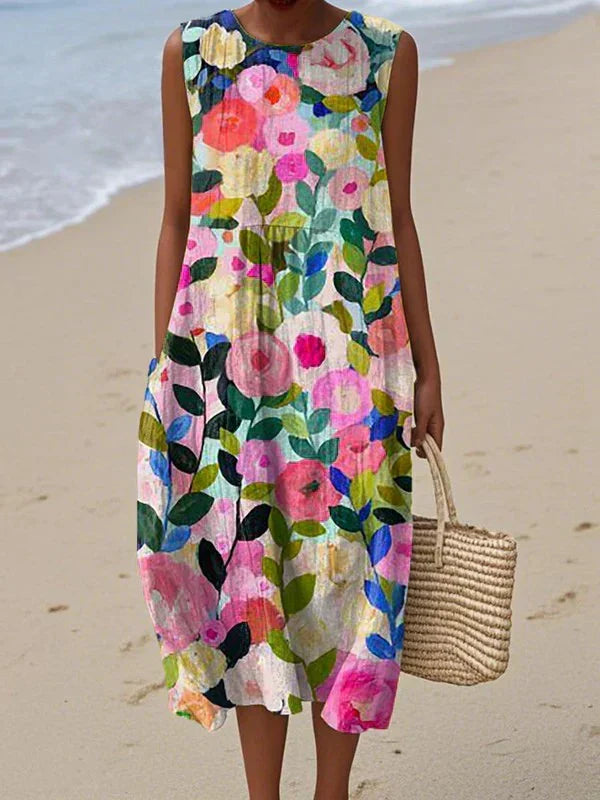 Women's Linen Floral Print Boho Loose Sleeveless Maxi Sundress