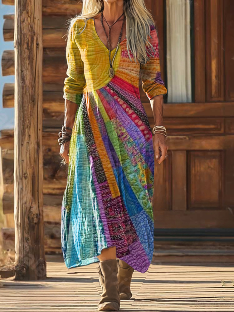 Women's Linen Boho V-Neck Patchwork Print Maxi Dress