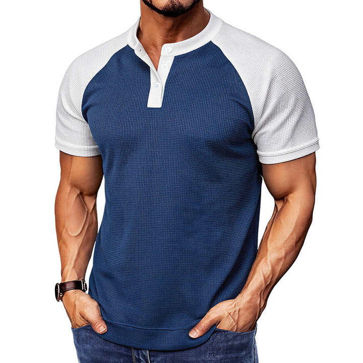 Men's Waffle Knit Short Sleeve Casual Henley Shirt Top