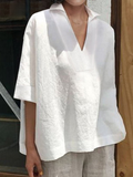 Women's Linen Blouse V-Neck Loose Fit Tunic Top