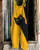 Women's Overalls Linen Jumpsuit Cat Graphic Dungarees