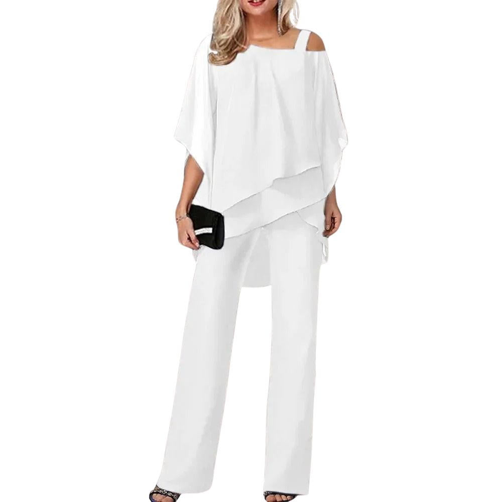 Women's Chiffon Two Piece Set Poncho Top Trousers Outfits