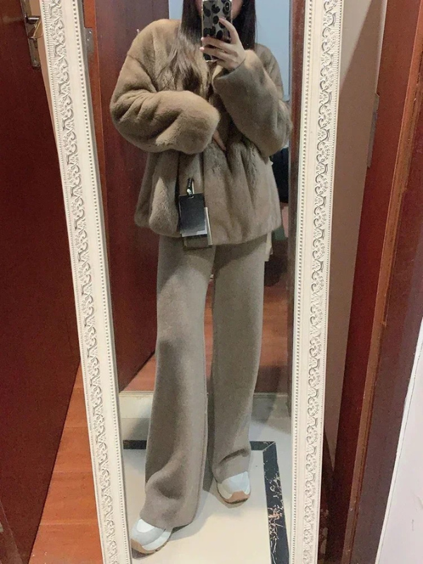 Women's Knit Wide Leg Trousers Wool Mix High Waisted Pants