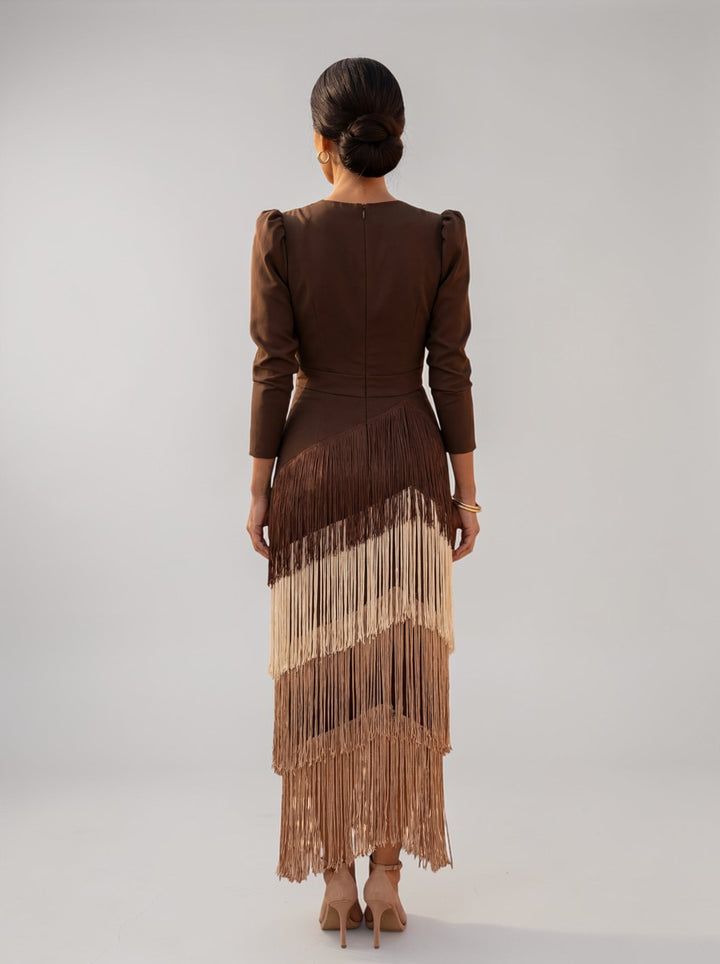 Women's Knit V-Neck Fringe Midi Dress