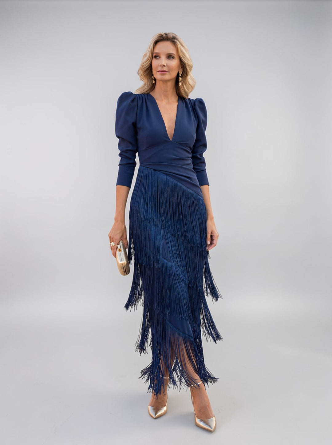 Women's Knit V-Neck Fringe Midi Dress