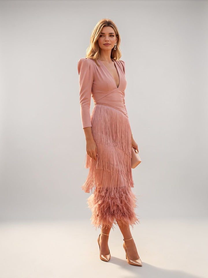 Women's Knit V-Neck Fringe Midi Dress