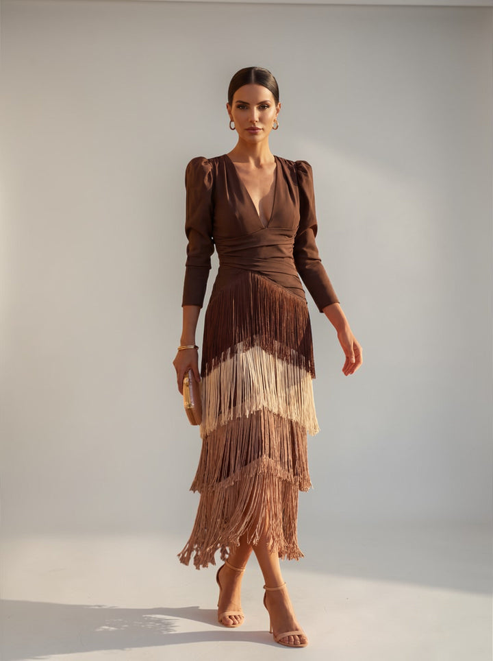 Women's Knit V-Neck Fringe Midi Dress