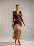 Women's Knit V-Neck Fringe Midi Dress