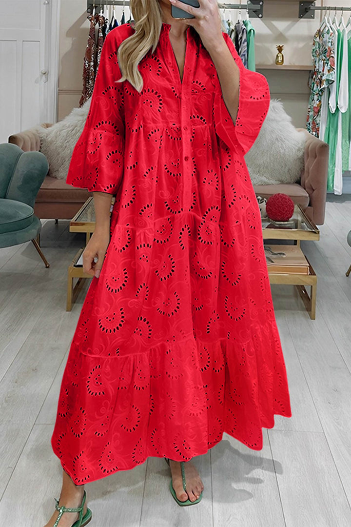 Women's Maxi Dress Linen V-Neck Tiered Long Sleeve Sun Dress