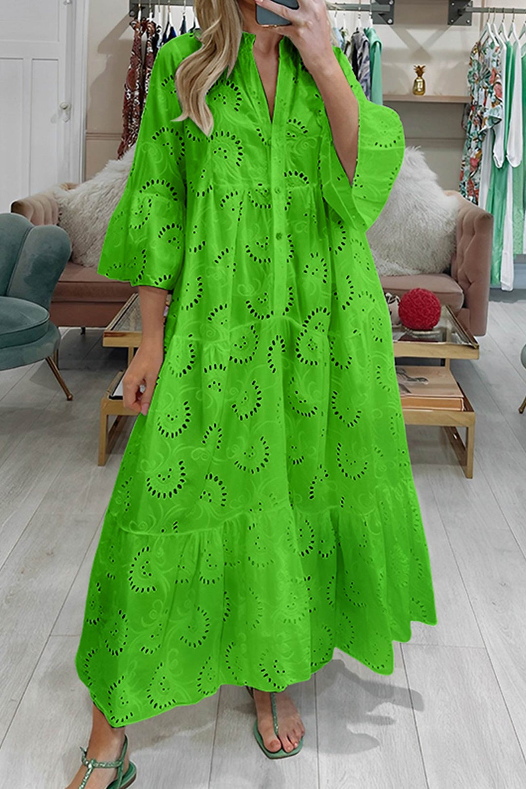 Women's Maxi Dress Linen V-Neck Tiered Long Sleeve Sun Dress