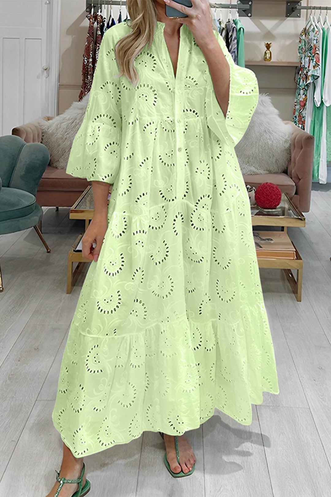 Women's Maxi Dress Linen V-Neck Tiered Long Sleeve Sun Dress