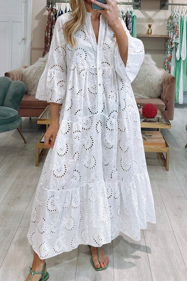 Women's Maxi Dress Linen V-Neck Tiered Long Sleeve Sun Dress