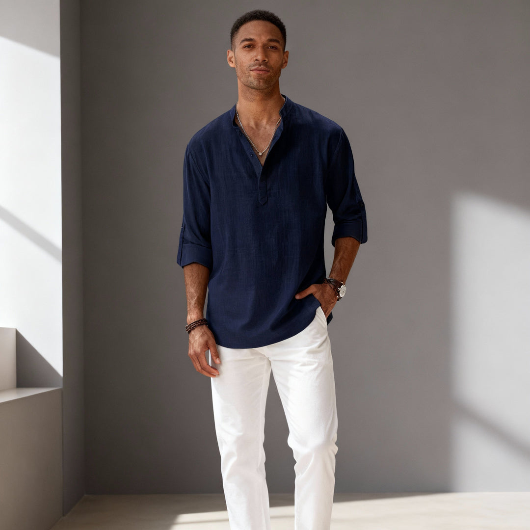 Men Henley Linen Shirt Men Long Sleeve Casual Top