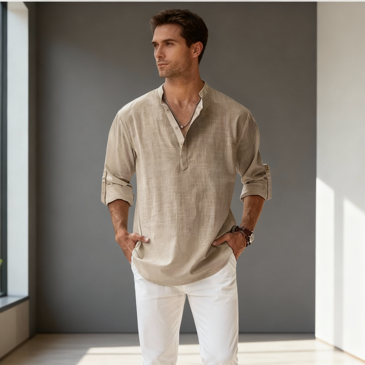 Men Henley Linen Shirt Men Long Sleeve Casual Top