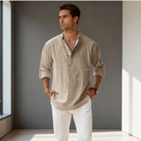 Men Henley Linen Shirt Men Long Sleeve Casual Top