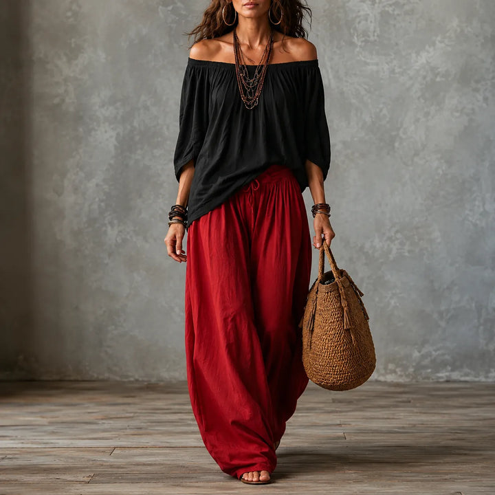 Women's Linen Blend Off-Shoulder Top and Wide-Leg Pants Two-Piece Set