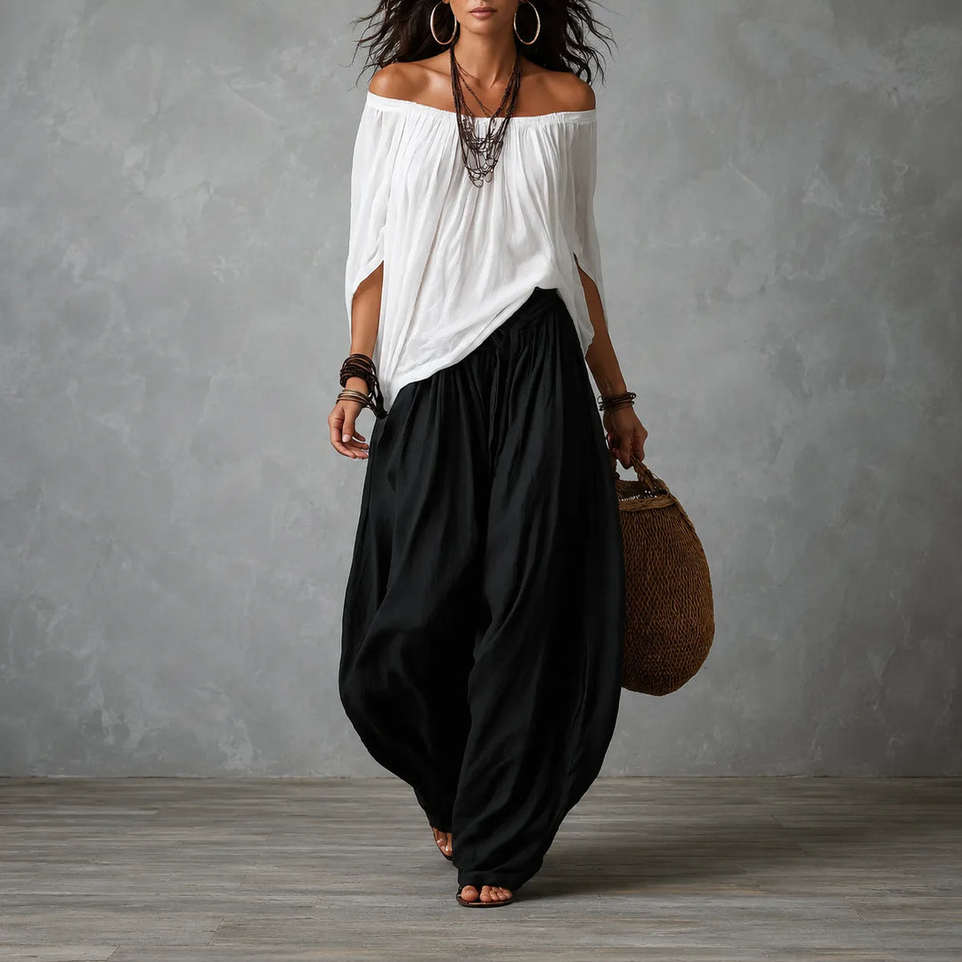 Women's Linen Blend Off-Shoulder Top and Wide-Leg Pants Two-Piece Set