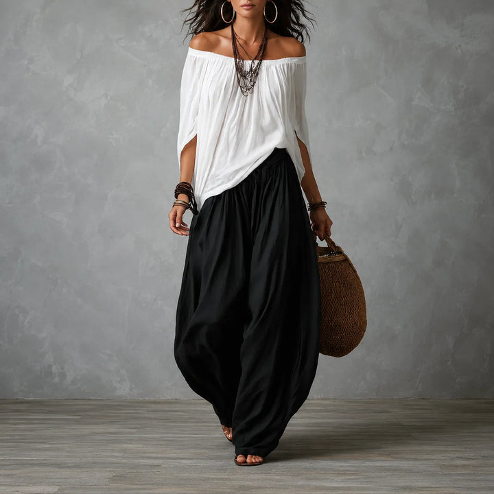 Women's Linen Blend Off-Shoulder Top and Wide-Leg Pants Two-Piece Set