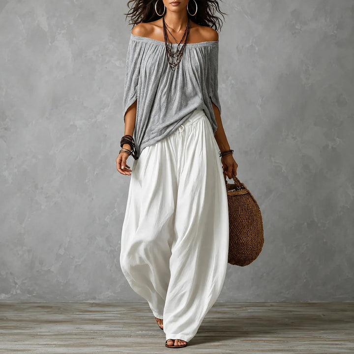 Women's Linen Blend Off-Shoulder Top and Wide-Leg Pants Two-Piece Set