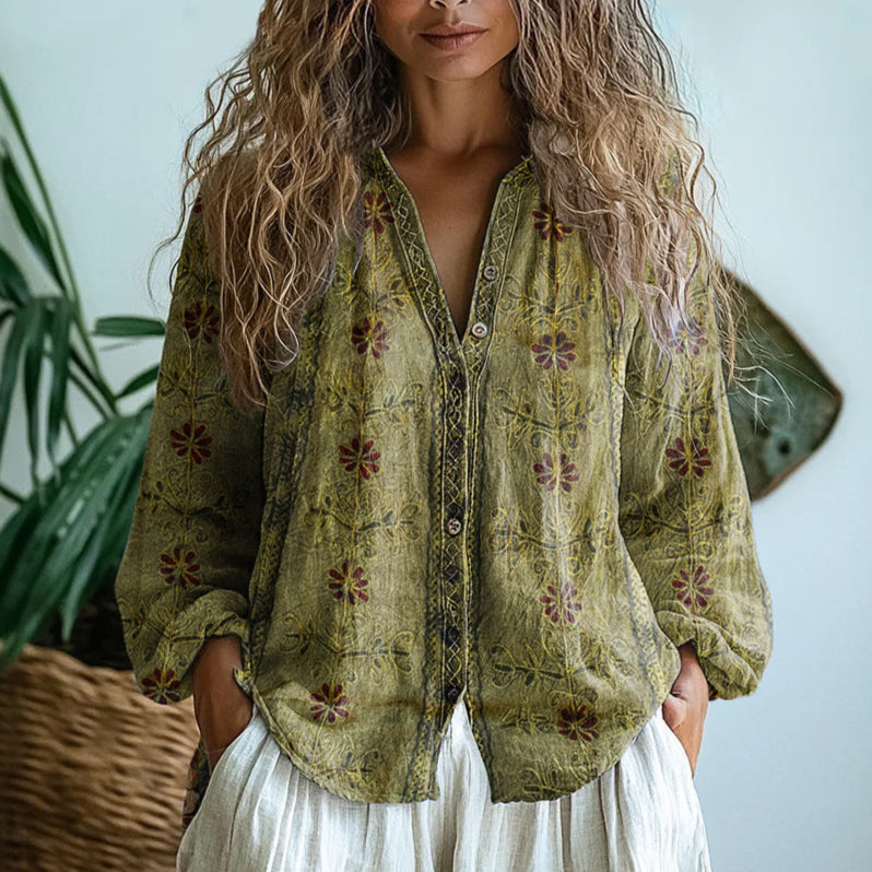 Women Linen Blouse Long Sleeve Casual V Neck Shirt