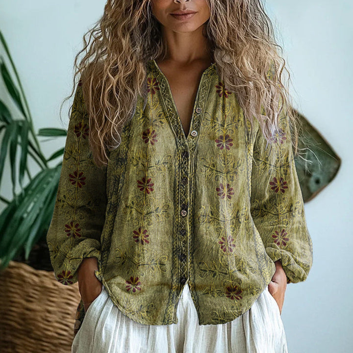 Women Linen Blouse Long Sleeve Casual V Neck Shirt